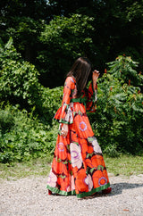 1970s Mollie Parnis Huge Floral Print Silk Organza Dress