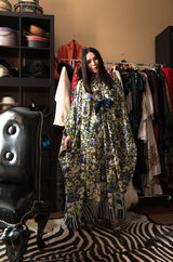 1970s Lanvin Floral Printed Fluid Jersey Ribbon Front Caftan Dress