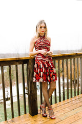 1980s Gathered Silk Chiffon Red Print Dress