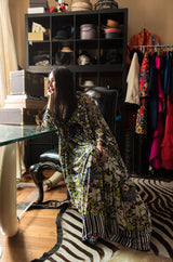 1970s Lanvin Floral Printed Fluid Jersey Ribbon Front Caftan Dress