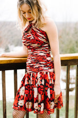 1980s Gathered Silk Chiffon Red Print Dress