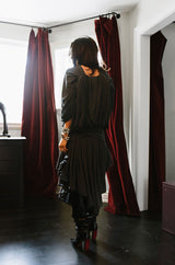 1980s Gray Norma Kamali Jersey Dress & Shawl Set