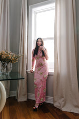 c.1965 Gene Shelly Pink Sequin Stretch Knit Dress w 3D Floral Design