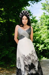 Spring 2000 Hanae Mori Haute Couture Forest & Butterfly Print Silk Chiffon Dress & Silk Huge Scarf