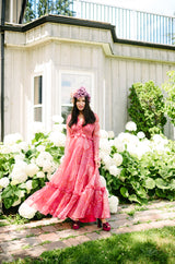 c.1976 Nina Ricci Silk Voile Pink Paisley Print Ruffle Trim Dress