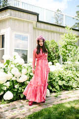 c.1976 Nina Ricci Silk Voile Pink Paisley Print Ruffle Trim Dress