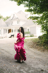 1980s Loris Azzaro Couture Bright Pink Silk Taffeta Backless Plunge Dress