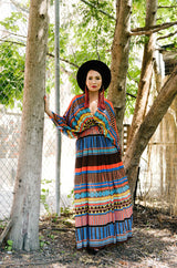 1970s Gottex Plunging Striped Wrap Caftan Dress