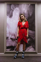 1960s Red Wrap Dress with Beading and Glitter Detail
