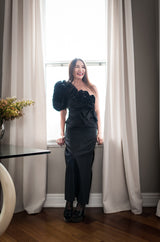 1980s Morton Myles Dramatic Ruffled and Bowed One Shoulder Dress