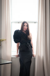 1980s Morton Myles Dramatic Ruffled and Bowed One Shoulder Dress