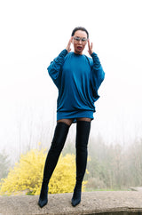 1980s OMO Norma Kamali Jersey Dramatic Sleeved Dress