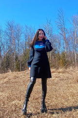 c.1967 Pierre Cardin ‘Cosmocorps’ Collection Cut Out Blue Neckline on Black Wool Dress