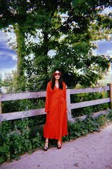 1974 Halston Red Silk Chiffon Ruffled Collar & Cuffs Bias Cut Dress
