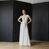 Faboulous 1970s Halston Ivory Jersey Dress W Plunged Front Full Skirt & Tie Waist