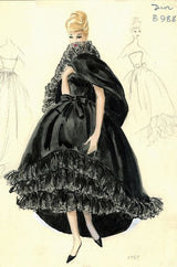 Important Fall 1959 Christian Dior by YSL Couture Black Silk Tafetta & Chantilly Lace Dress w Pouf Sleeves
