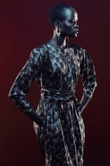 Fall 1979 Incredible Halston Gold & Blue Metallic Silk Dress
