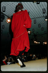Runway Fall 1977 Yves Saint Laurent Red Wool Smock Dress w Fringe Yarn Detail