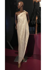 Important 1976 Halston Couture One Shoulder Gold Metallic Lame Sarong Dress