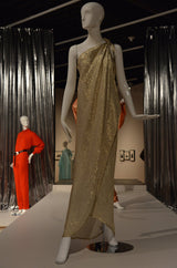 Important 1976 Halston Couture One Shoulder Gold Metallic Lame Sarong Dress