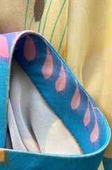 Extraordinary 1970s Hanae Mori Couture Pastel Turquoise Floral Print Silk Chiffon Dress & Jacket