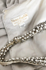 1970s Victoria Royal Pale Grey Jersey Dress w Jeweled Ring Collar