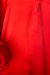 1960s Odette Barsa Loose & Easy Fitting Red Caftan w Wide Red Feather Cuffs