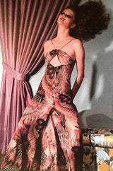 Documented 1976 John Kloss Feather Printed Front Cut Out Nylon Jersey Dress