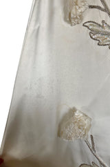 Gorgeous 1950s Emma Domb Ivory Matte Satin Dress w Sequin & 3D Flower Detailing
