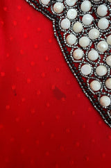 Striking 1970s Red Dotted Chiffon White Beaded Caftan Dress w Kimono Sleeves