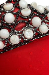 Striking 1970s Red Dotted Chiffon White Beaded Caftan Dress w Kimono Sleeves