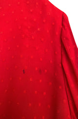 Striking 1970s Red Dotted Chiffon White Beaded Caftan Dress w Kimono Sleeves