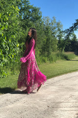 c1969 Thea Porter Couture Gold Brocade & Silver Metal Embroidered Fuchsia Dress