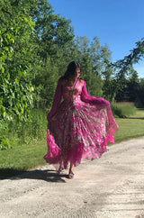 c1969 Thea Porter Couture Gold Brocade & Silver Metal Embroidered Fuchsia Dress