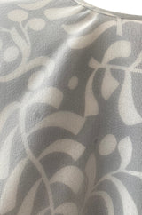 1970s James Galanos Soft Pale Grey & White Floral Print Silk & Silk Chiffon Caped Dress