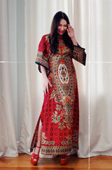 1960s Unlabeled Red Thai Print Cotton Caftan Dress w Frog Knot Detail