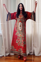 1960s Unlabeled Red Thai Print Cotton Caftan Dress w Frog Knot Detail