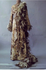 c.1976 Bill Blass Couture Metallic Gold Lurex Knit Dress w Feather Cuffs