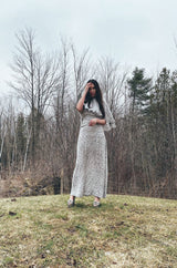 1970s James Galanos Soft Pale Grey & White Floral Print Silk & Silk Chiffon Caped Dress