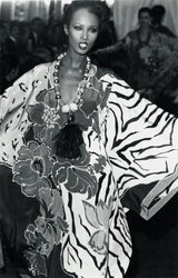 Spring 1982 Oscar de la Renta Blue Floral Silk Caftan Dress w Red Edging Detail