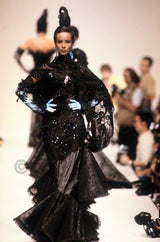 c.1988 Emanuel Ungaro Black Sequin Lace & Silk Satin Dress