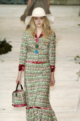 Fall 2005 Kenzo Defile Printed Pink & Green Floral Velvet Suit w Contrasting Lining