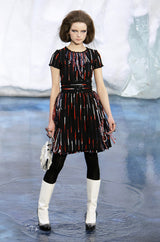 Iconic Fall 2010 Chanel by Karl Lagerfeld Look 21 Runway Black Knit Boucle Dress w Fringe Detailing