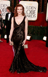 Documented Fall 2004 Richard Tyler Brown Printed Floral Velvet & Beaded Dress w Train & Plunge Back
