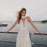 Faboulous 1970s Halston Ivory Jersey Dress W Plunged Front Full Skirt & Tie Waist