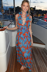 Spectacular c.1978 Valentino Blue & Coral Floral Silk Halter Backless Dress