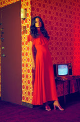 Prettiest 1970s George Stavropoulos Coral Silk Chiffon Dress Capelet & Sash