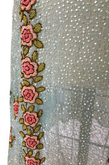 Extraordinary 1920s 3D Pink & Gold Floral Beaded Blue Flapper Dress