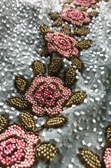 Extraordinary 1920s 3D Pink & Gold Floral Beaded Blue Flapper Dress