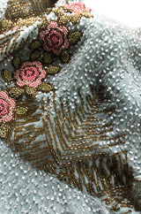 Extraordinary 1920s 3D Pink & Gold Floral Beaded Blue Flapper Dress